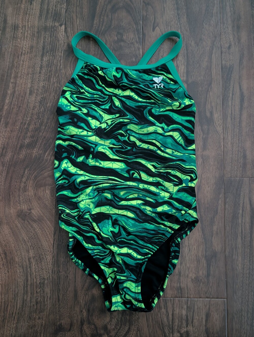 TYR 26 Girls' Lime Green Marble-Print One-Piece Swimsuit Racerback Athletic